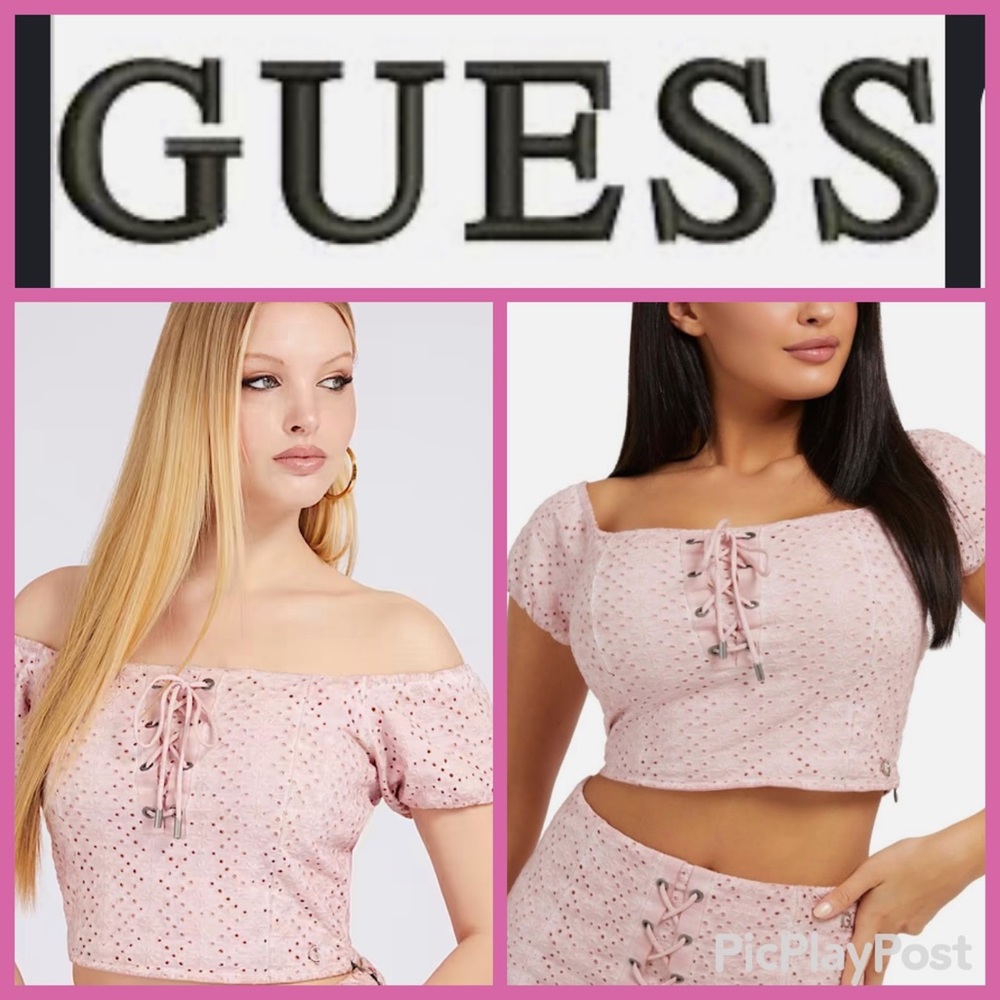 GUESS Pink Rose Bliss Beatrix Eyelet Crop Romantic Peasant Top Puff Sleeve NWT